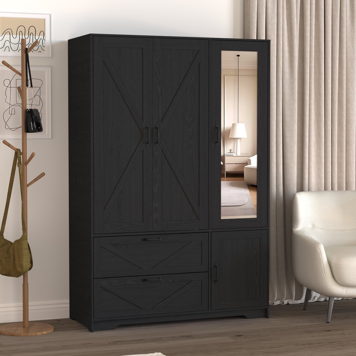 Black 4-Door Wardrobe Closet with Mirror & LED Lighting