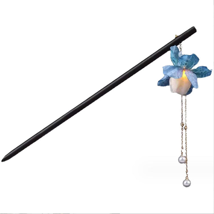 Ancient Style Tassel Hairpin with Glowing Lantern and Silk Flowers - Hair Accessory