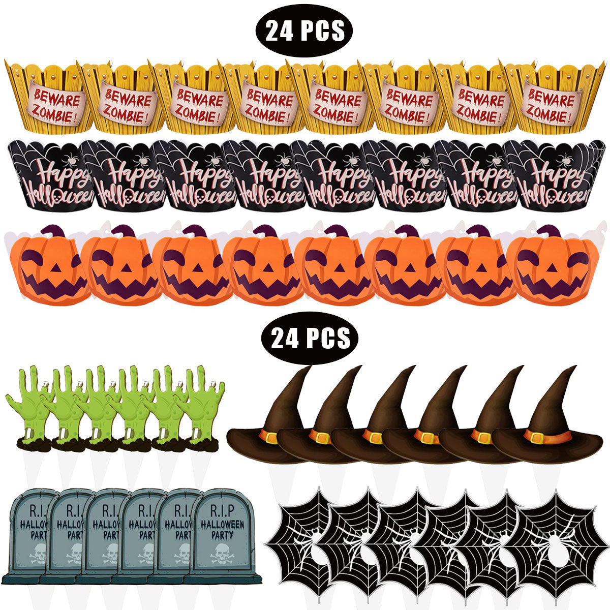 Halloween Cupcake Decoration Set - 48 Pcs Zombie Hand & Witch Hat Picks