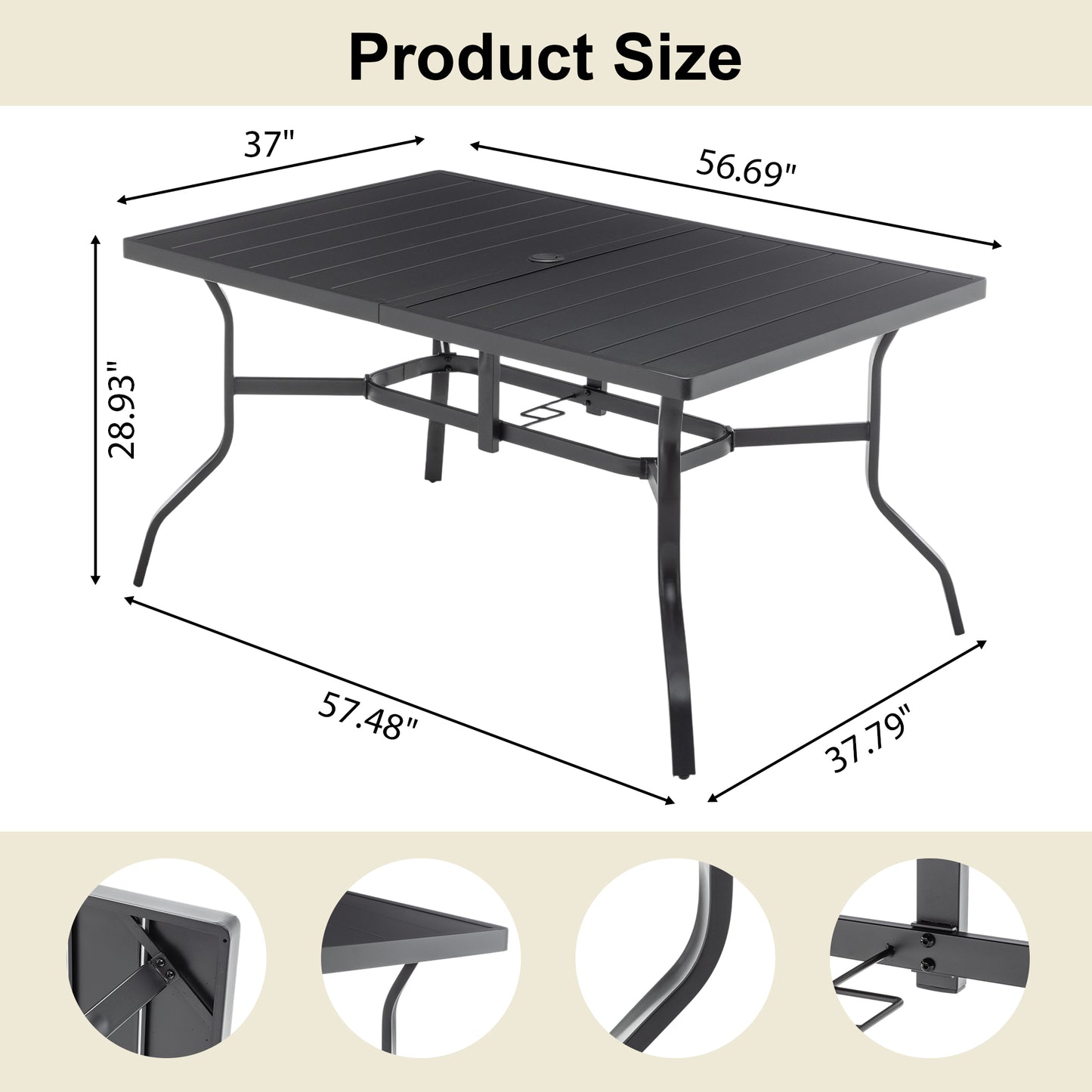 Outdoor Dining Table For 6, Powder-Coated Steel Slat Top With 2.16
