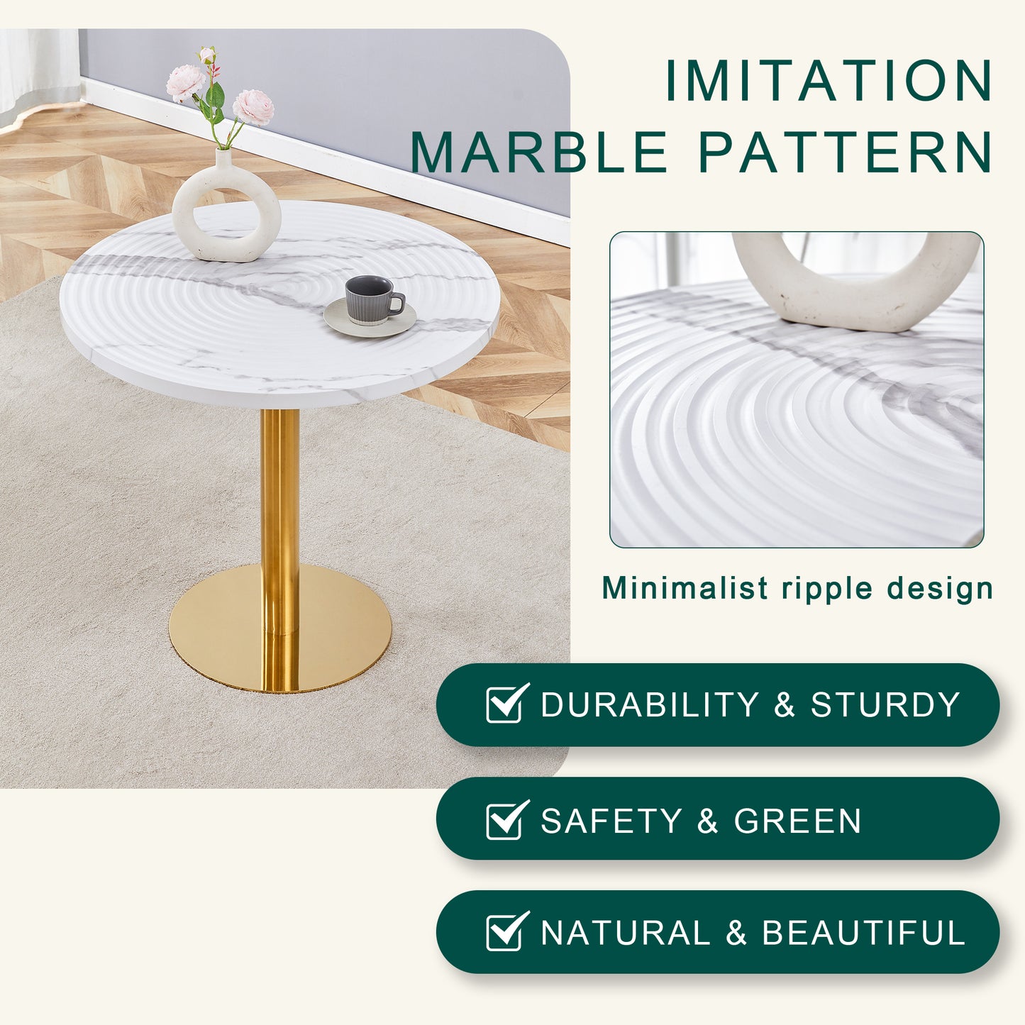31.5 Inch Elegant White Marble Pattern Round Dining Table - Suction