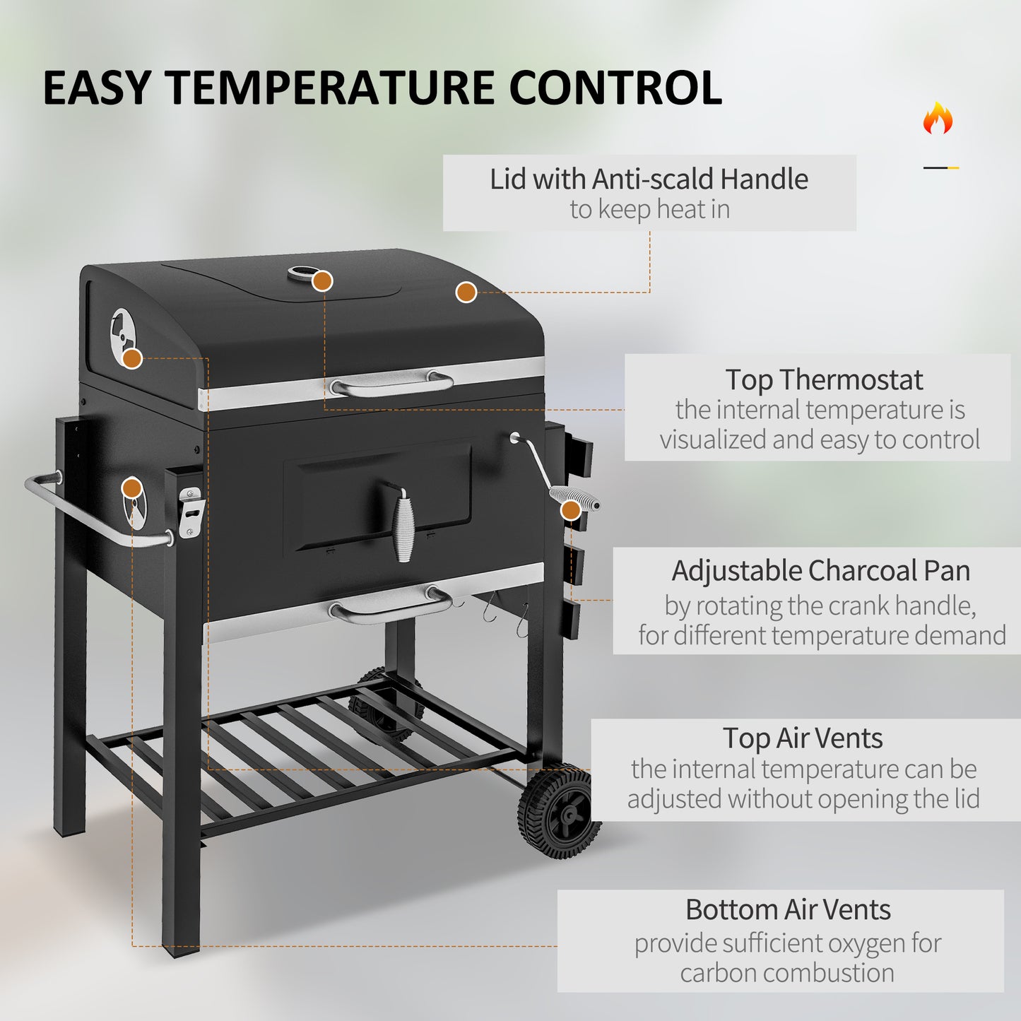 Portable Charcoal BBQ Grill and Smoker Combo with Side Shelf - Black