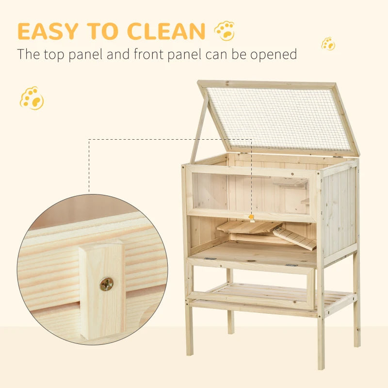 3-Tier Wooden Hamster Cage with Openable Top & Shelves - Natural Wood Small Animal Habitat