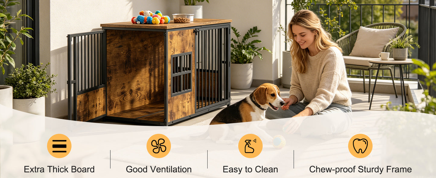 Large Wooden Dog Crate Furniture with Storage Top - Indoor Pet Kennel