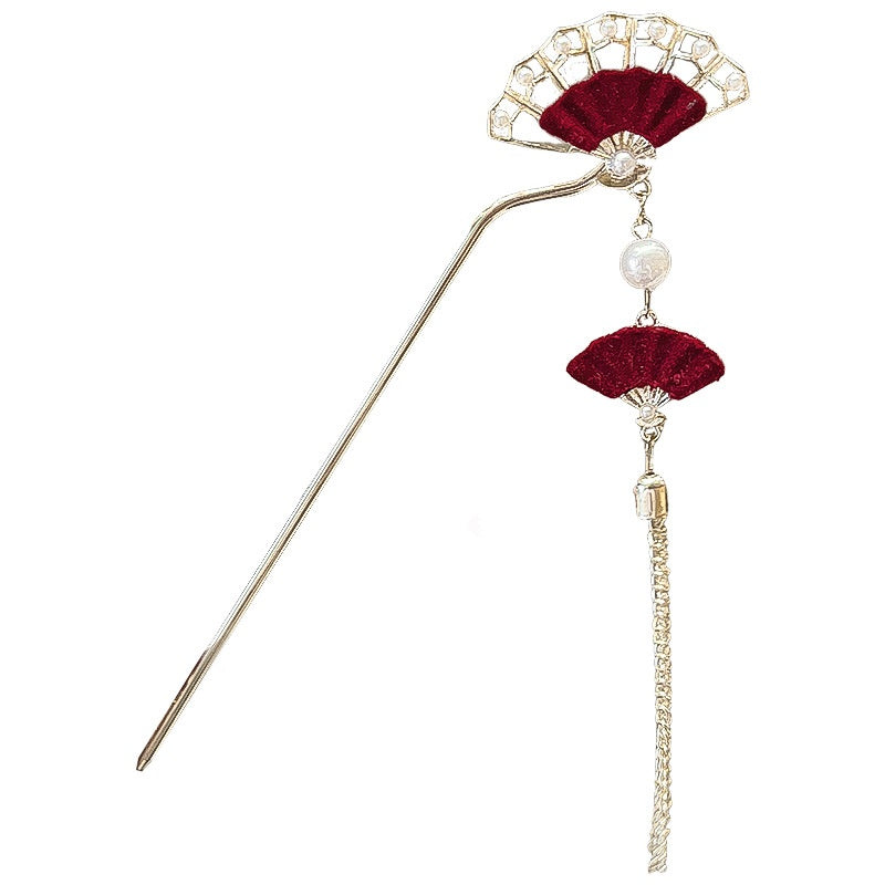 Vintage Floral Hair Stick with Red Flowers and Gold Leaves - Women’s Hair Accessory