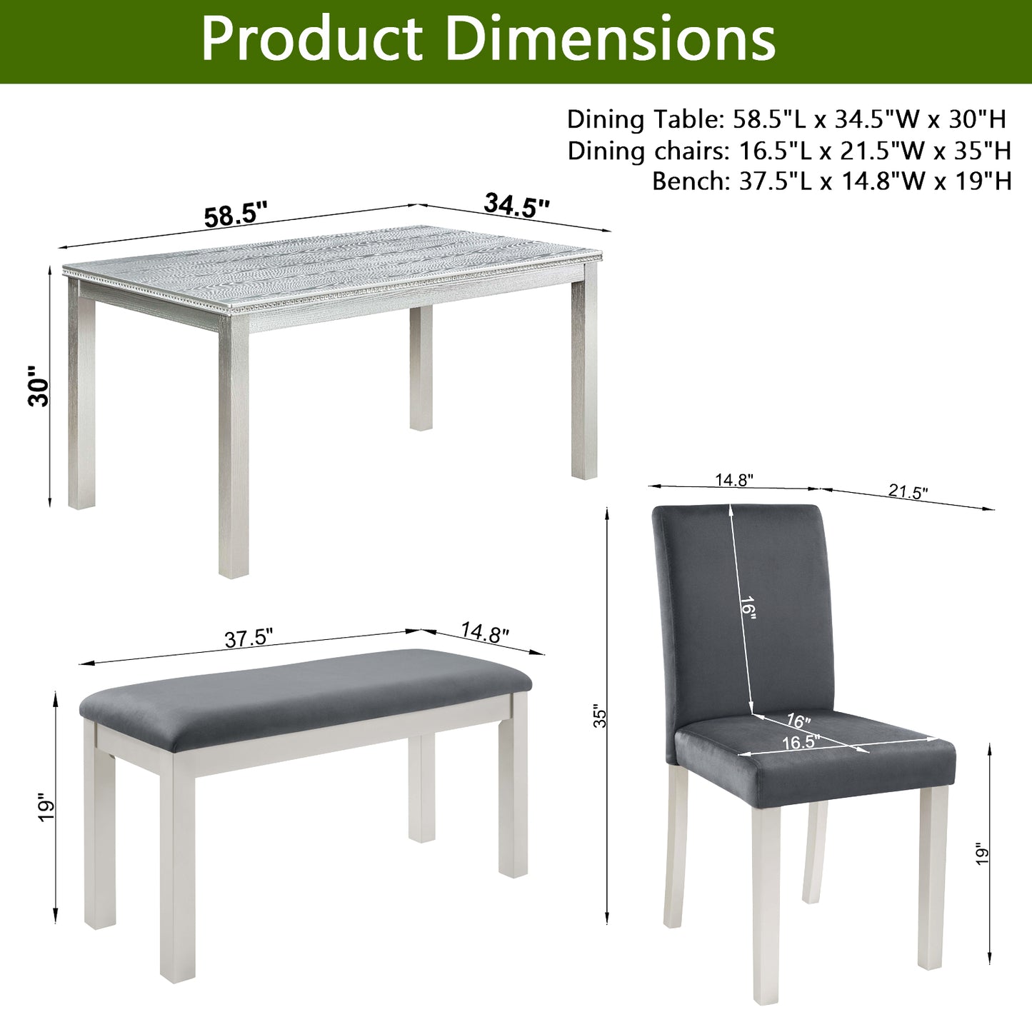 6-Piece Wooden Dining Table Set with Upholstered Chairs & Bench - Silver Grey