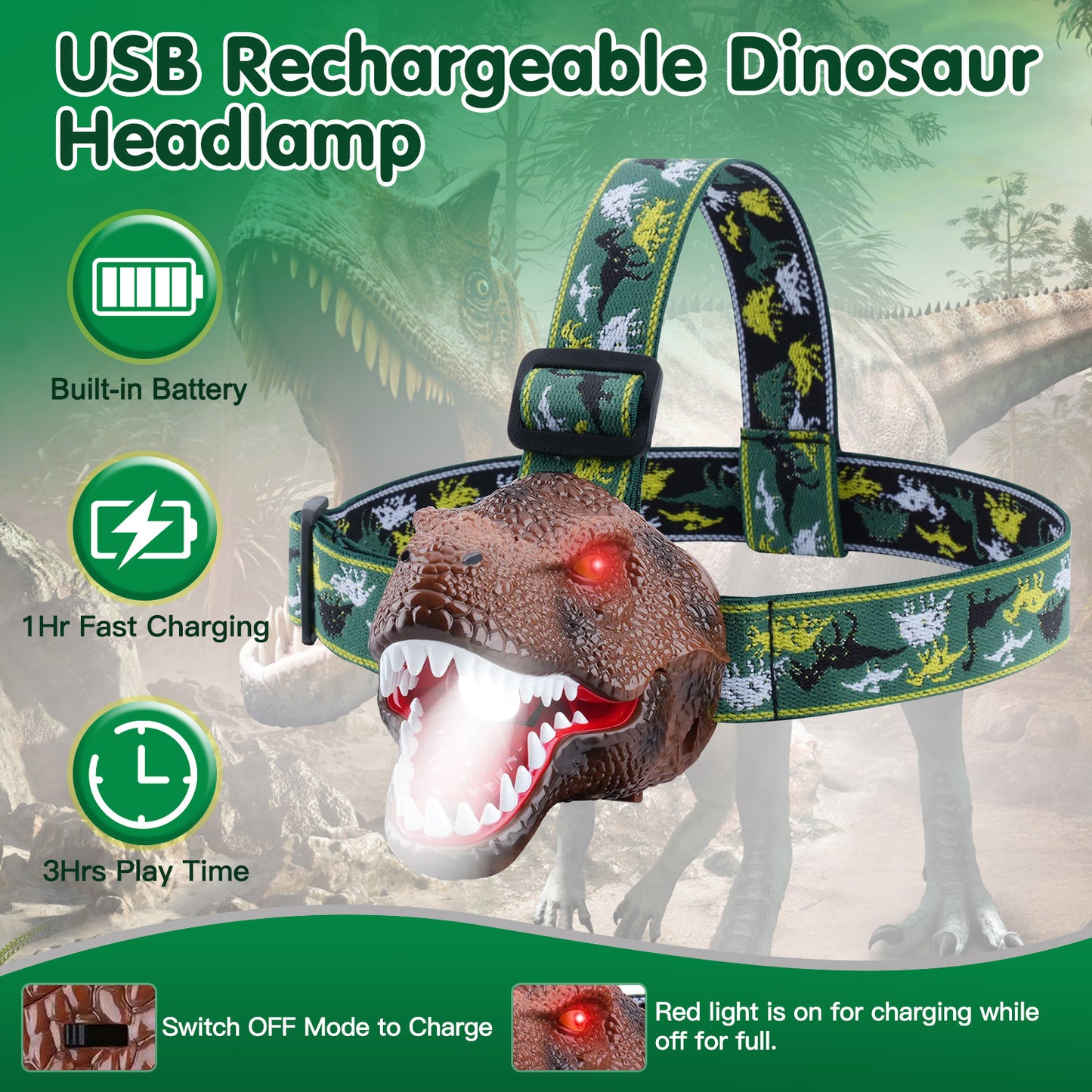 Kids Dinosaur Headlamp with Roar Sound & Adjustable Strap - Camping & Outdoor Toy