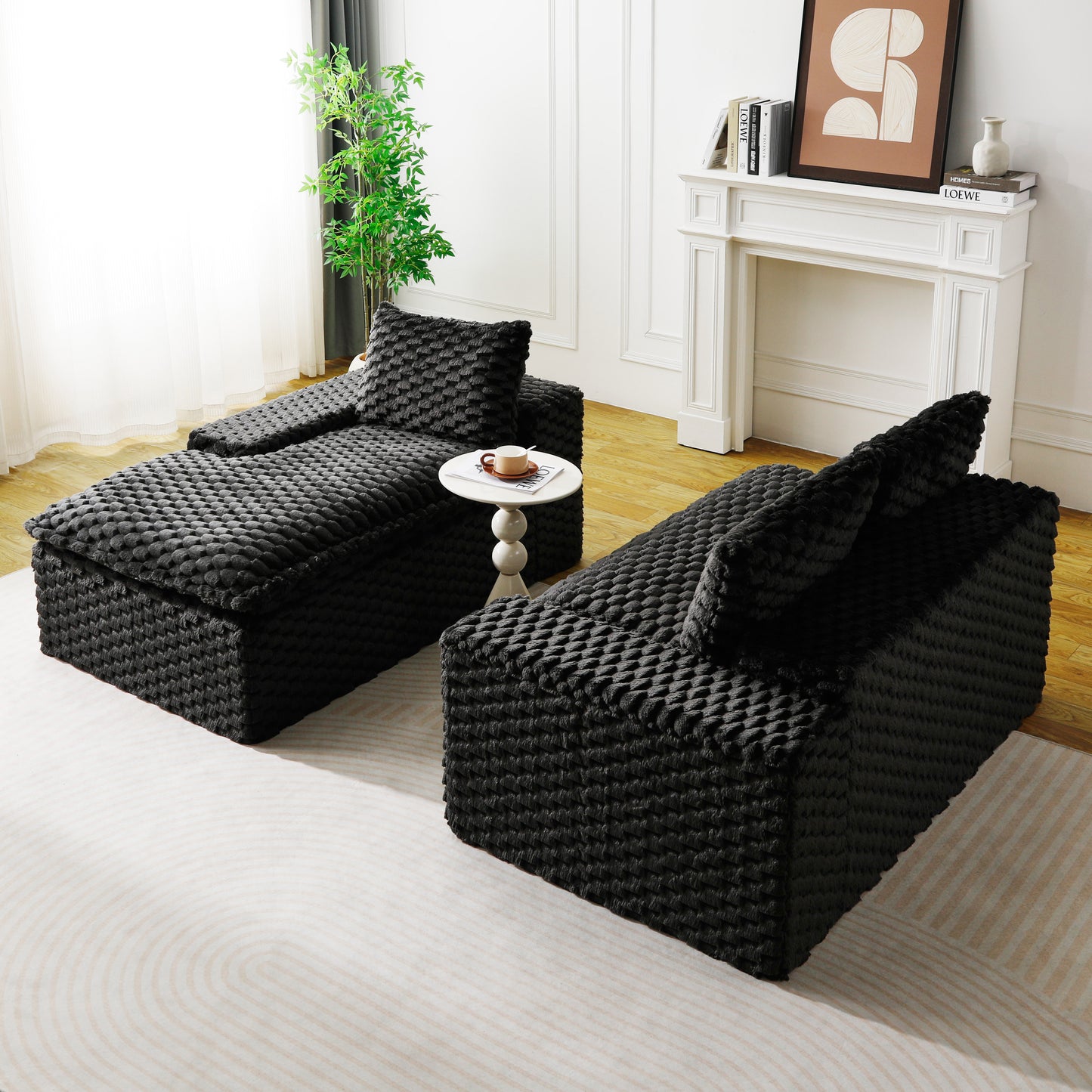 Convertible Twin-Seat Velvet Sofa with Left Chaise Lounge - Black