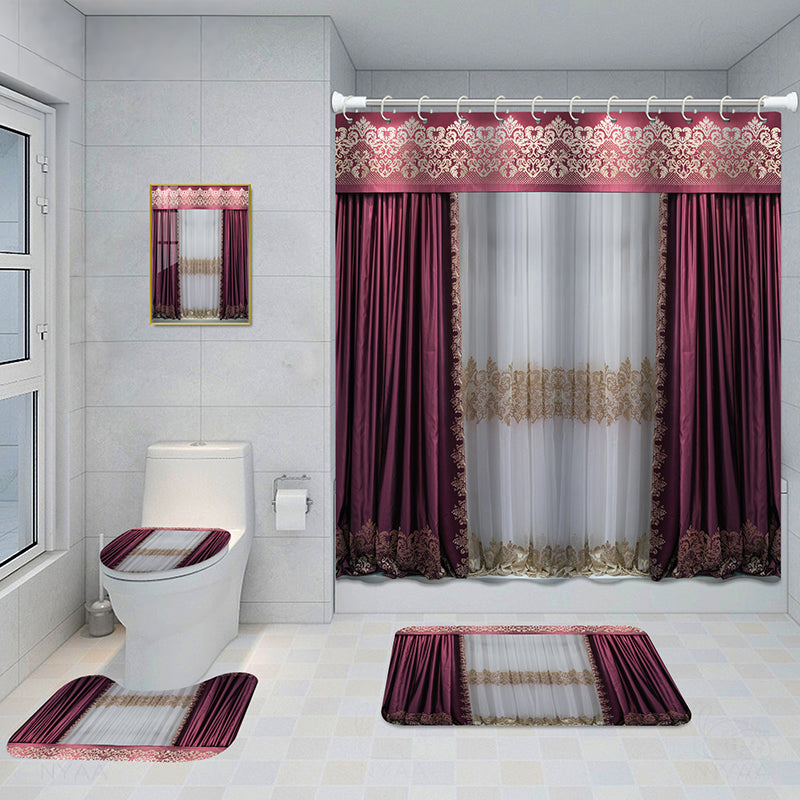 Bathroom 5-Piece Shower Curtain Set with Mat and Decorative Aluminum Frame