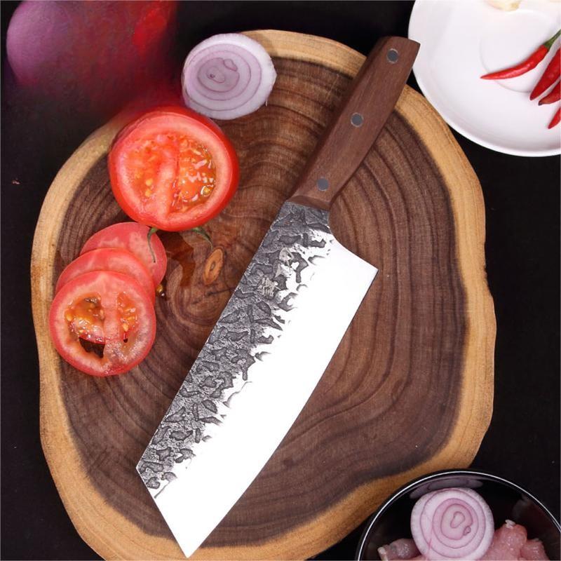 Old Fashioned Carved Chinese Kitchen Knife - Multi-purpose Stainless Steel Blade, Black