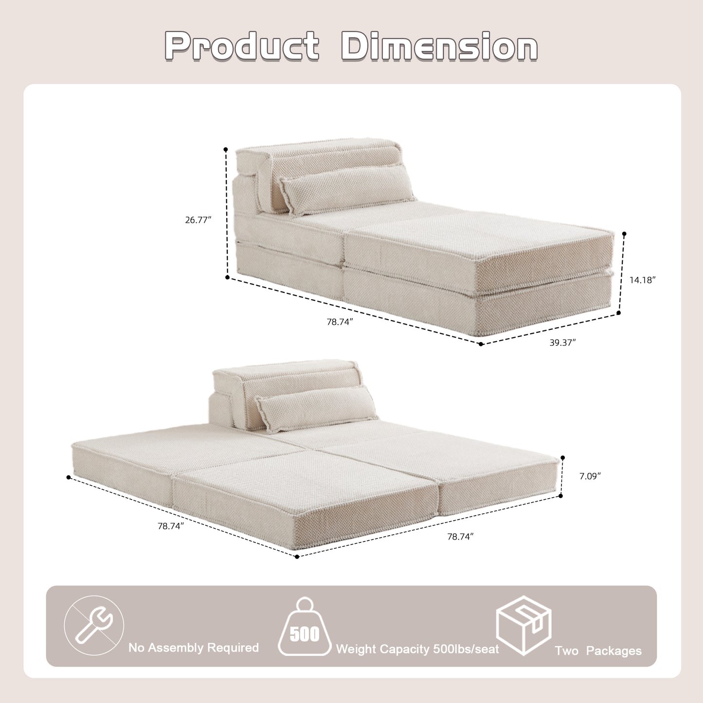 Convertible Compression Mahjong Sofa Bed - White with Pillow & Ottoman
