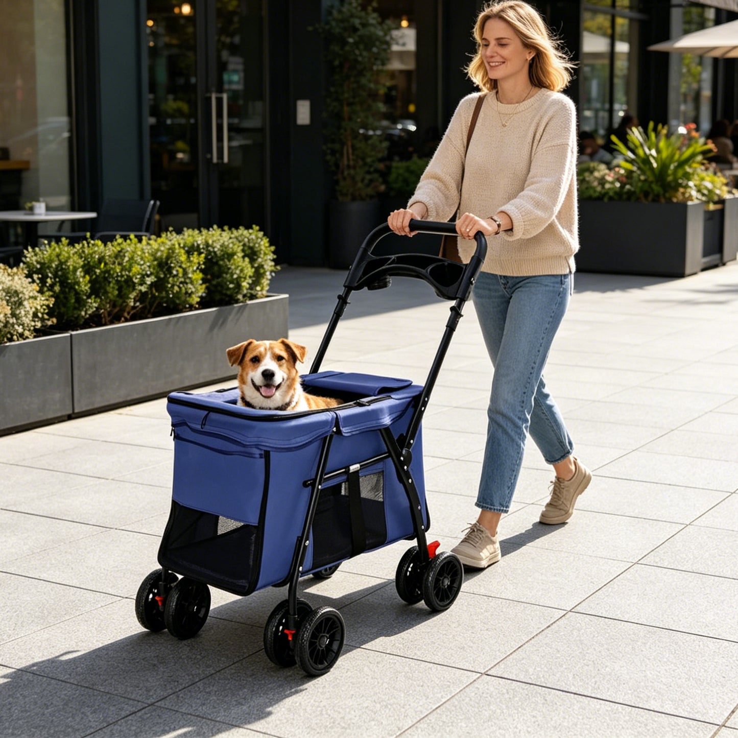 Foldable Pet Stroller with Breathable Mesh & Shockproof Wheels - Navy Blue