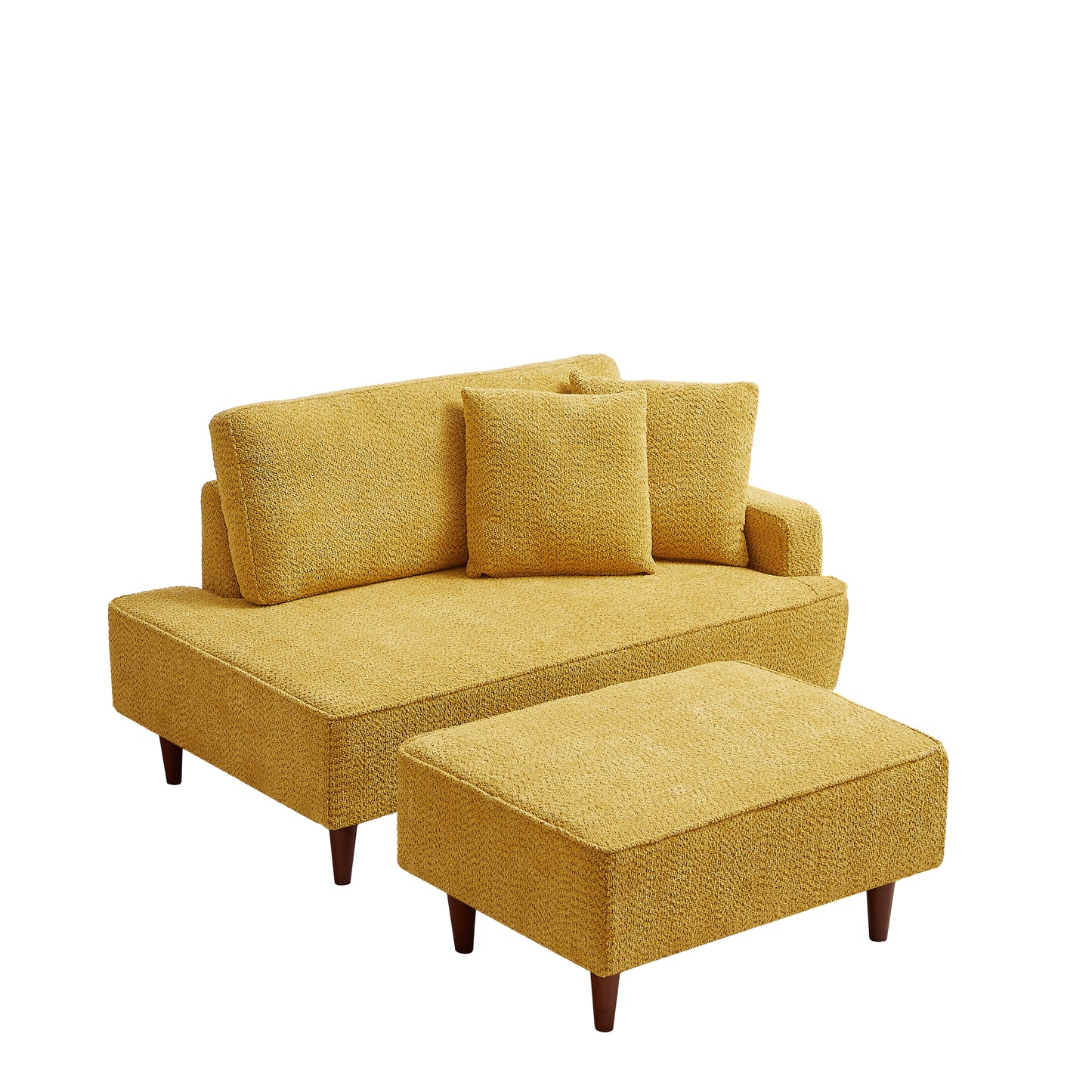 Yellow Boucle Upholstered Chaise Lounge Chair with Ottoman & Pillows