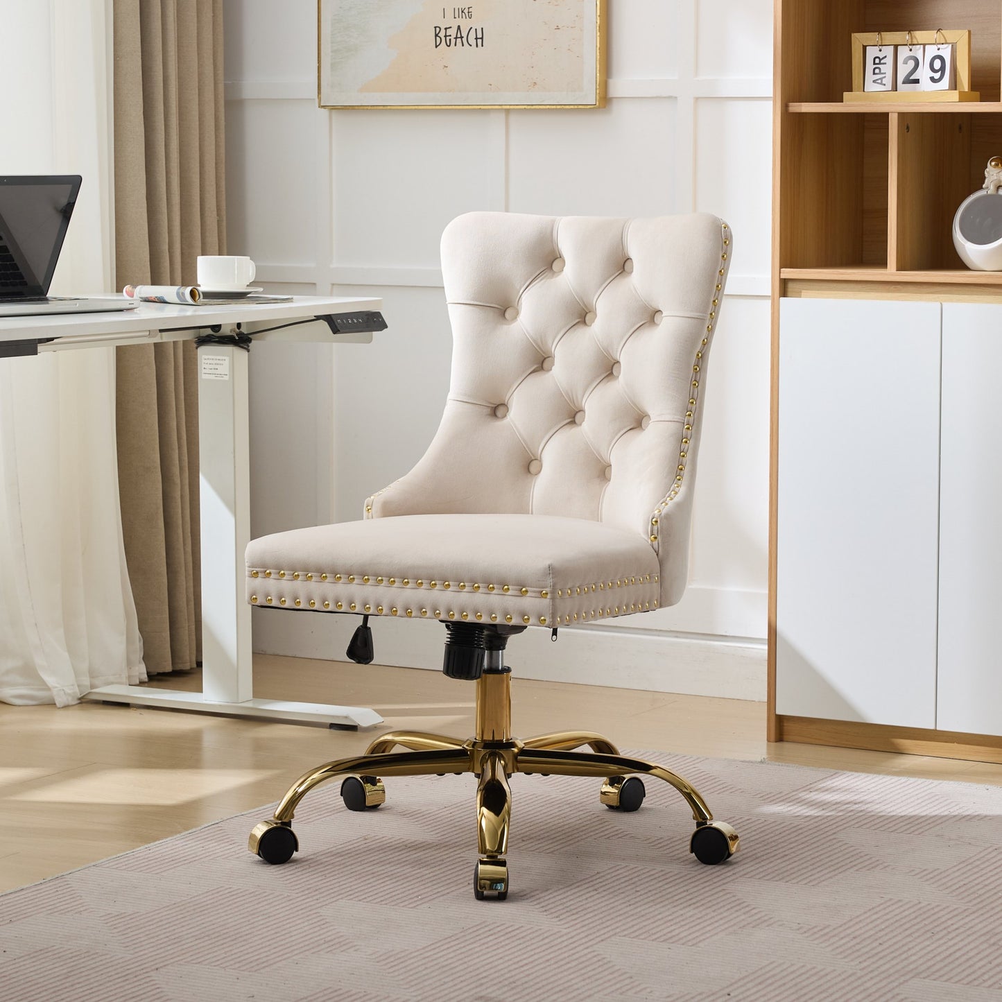 Beige Velvet Office Chair - Modern Tufted Design with Golden Base