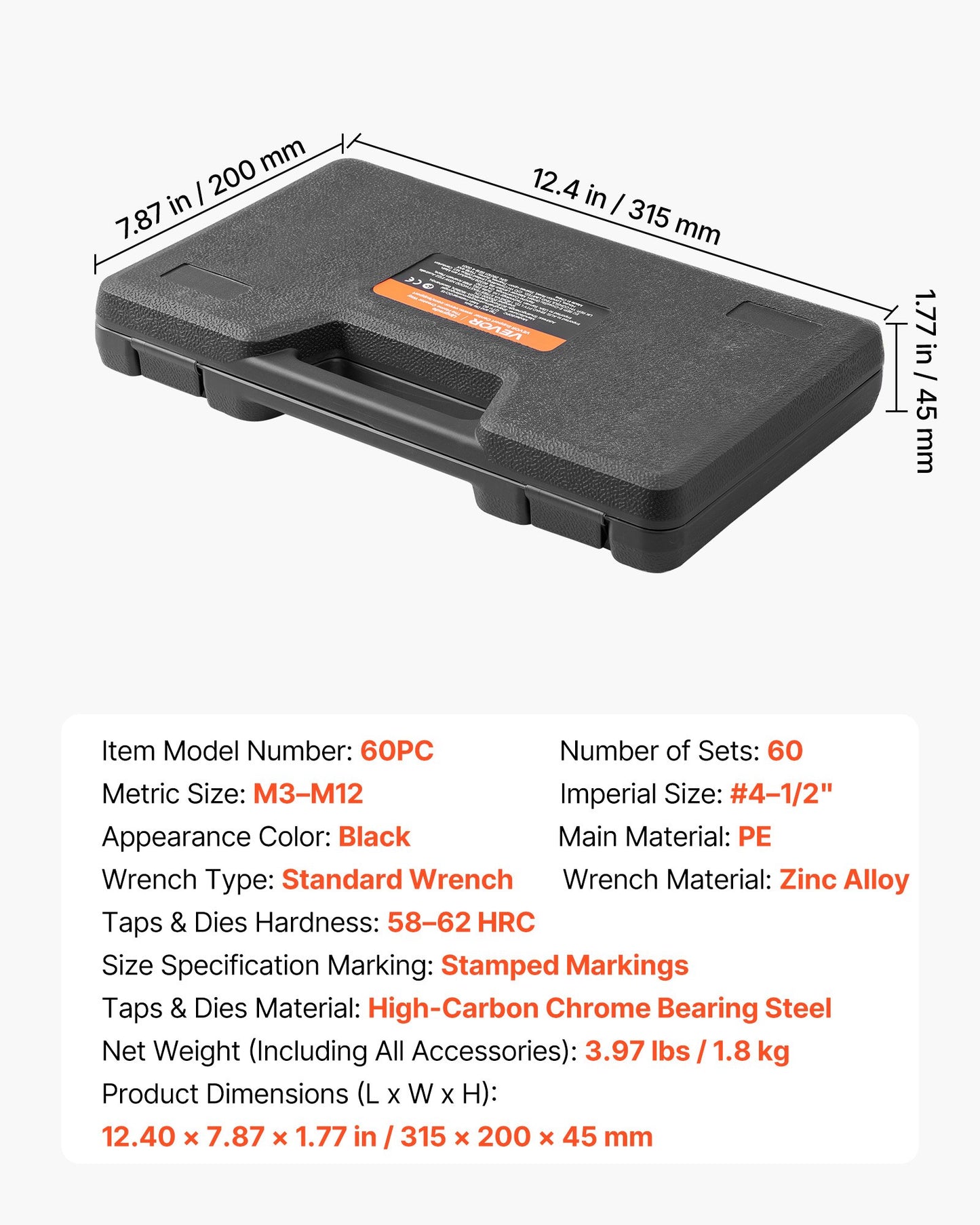 60-Piece Metric and SAE Tap and Die Set with Wrench and Carrying Case for Threading