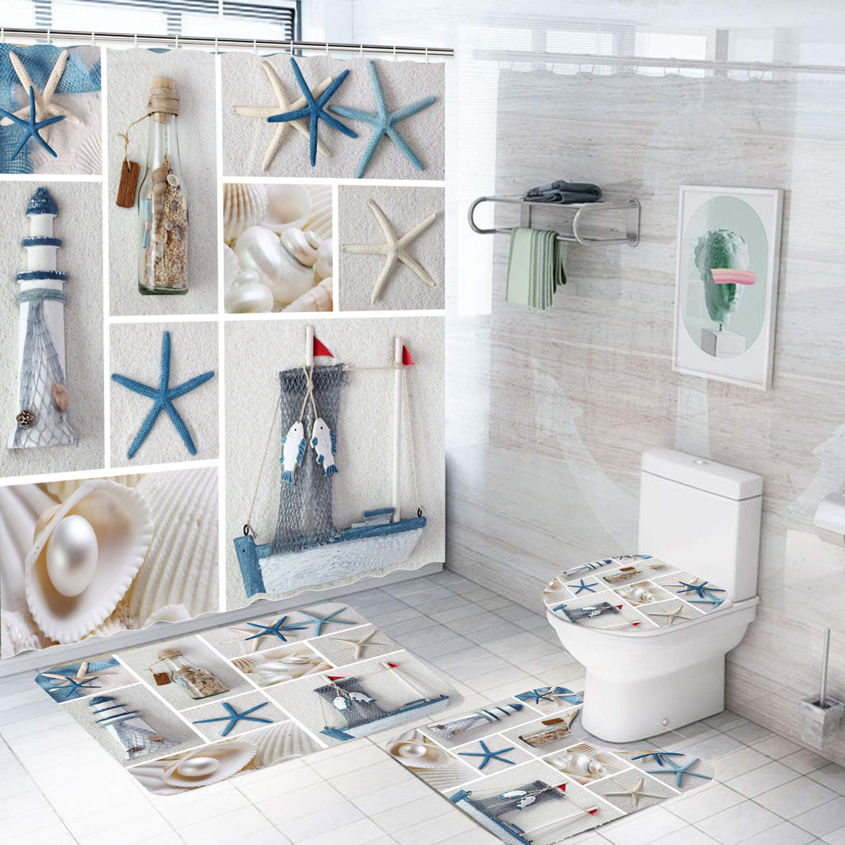 Bathroom Shower Curtain and Floor Mat Set Ocean World Printing - 4 Piece