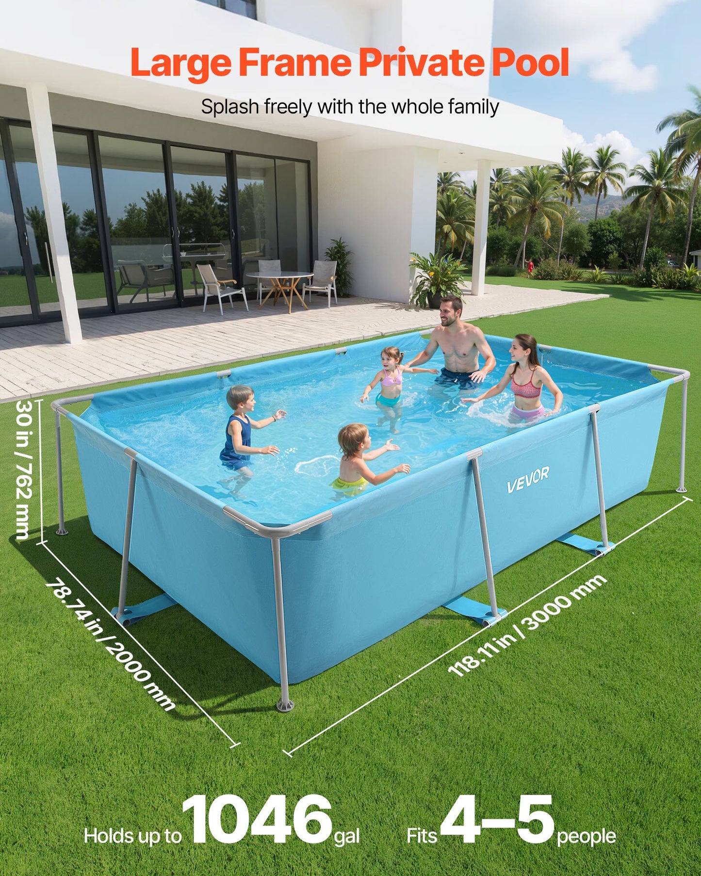 Rectangular Above Ground Swimming Pool 118x78x30 In Blue - Family Garden Pool