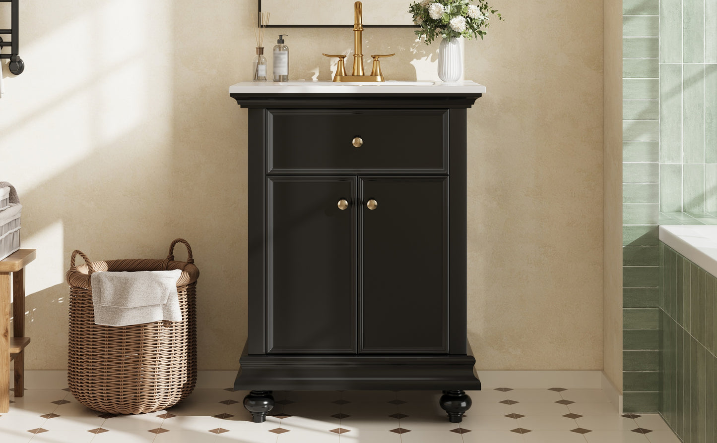 24" Black Modern Bathroom Vanity with Tip-Out Drawer & Soft-Close Hinges