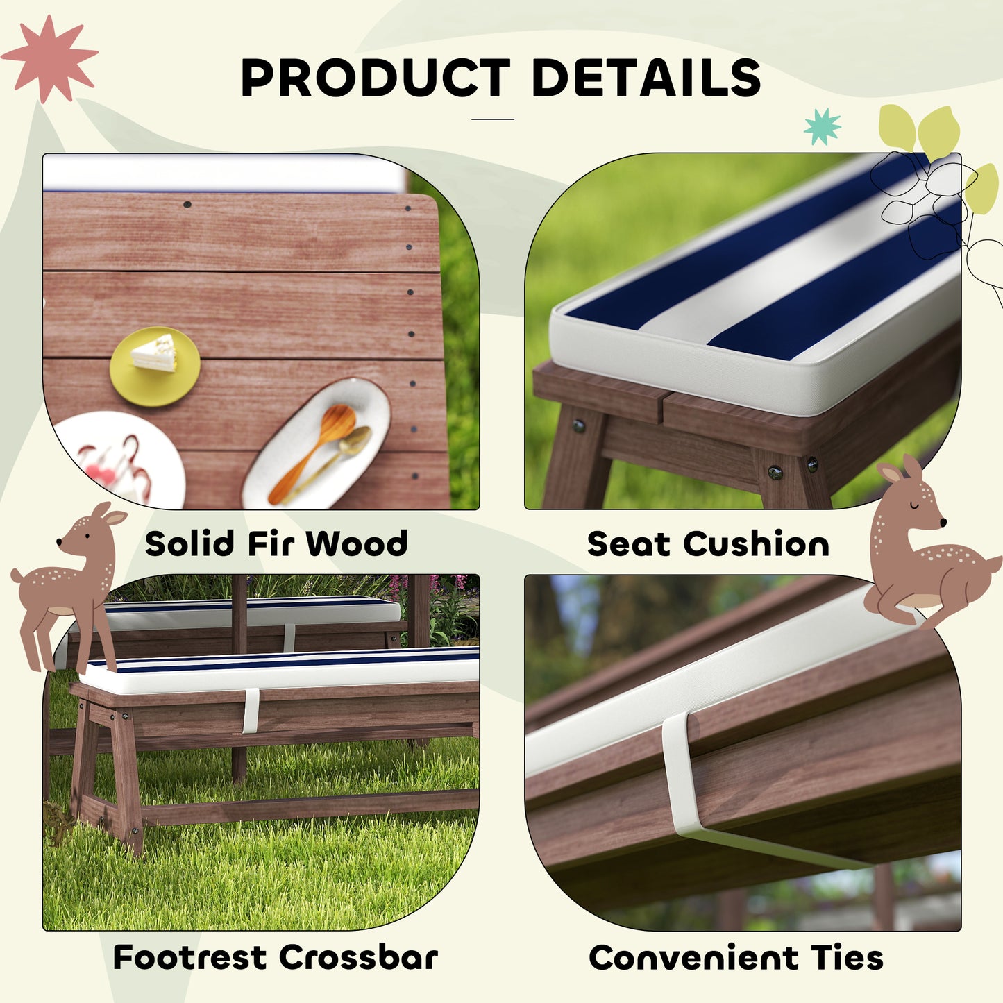 Kids Wooden Picnic Table Set with Cushions & Umbrella - Navy Blue