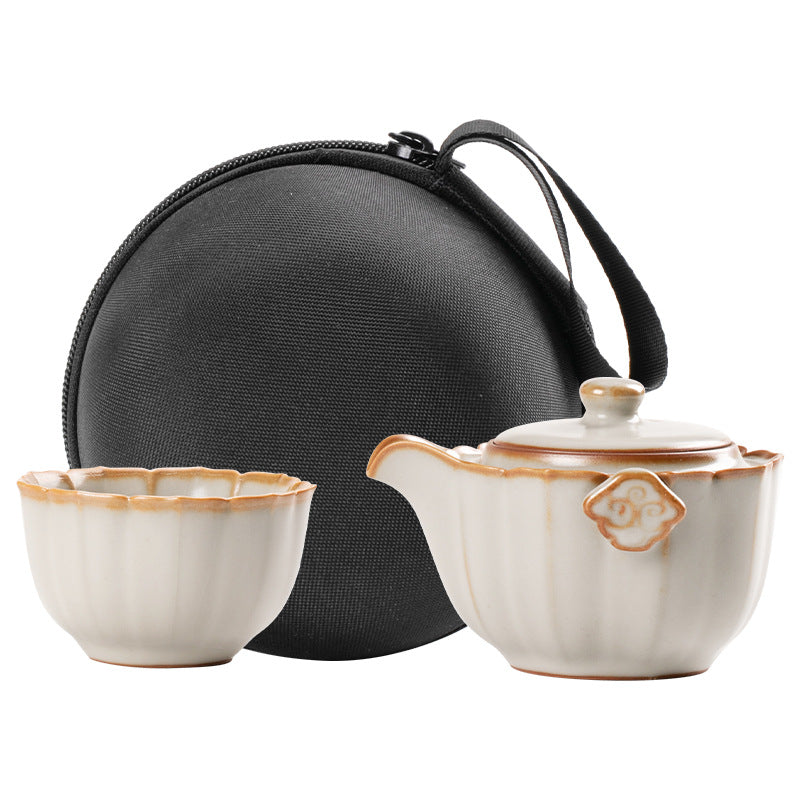 Ceramic Tea Cup Set with Travel Bag - One Pot and One Cup, Retro Style