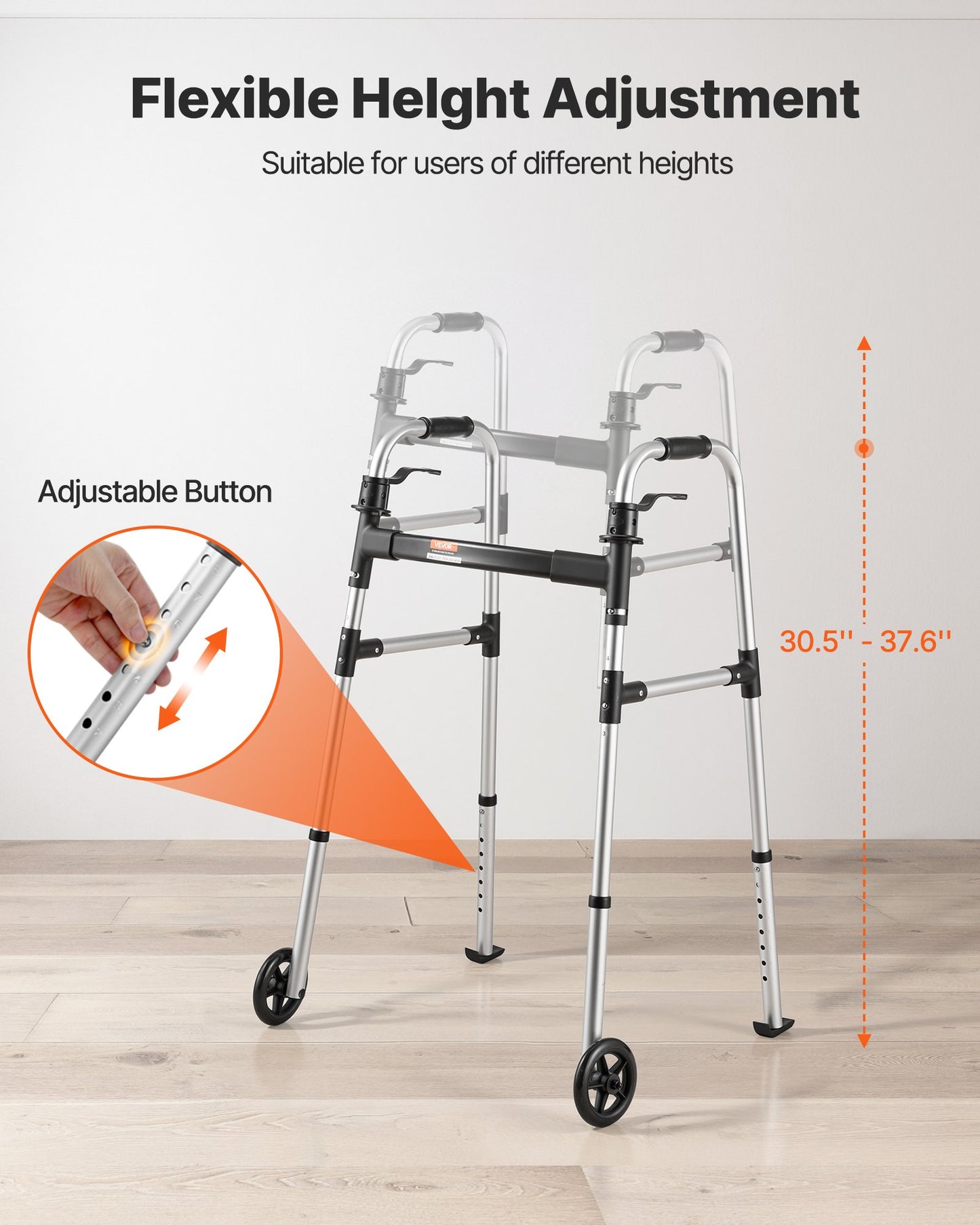 Foldable Walker with 8-Position Height Adjustment and 5-Inch Wheels - Lightweight Aluminum Support for Seniors & Adults