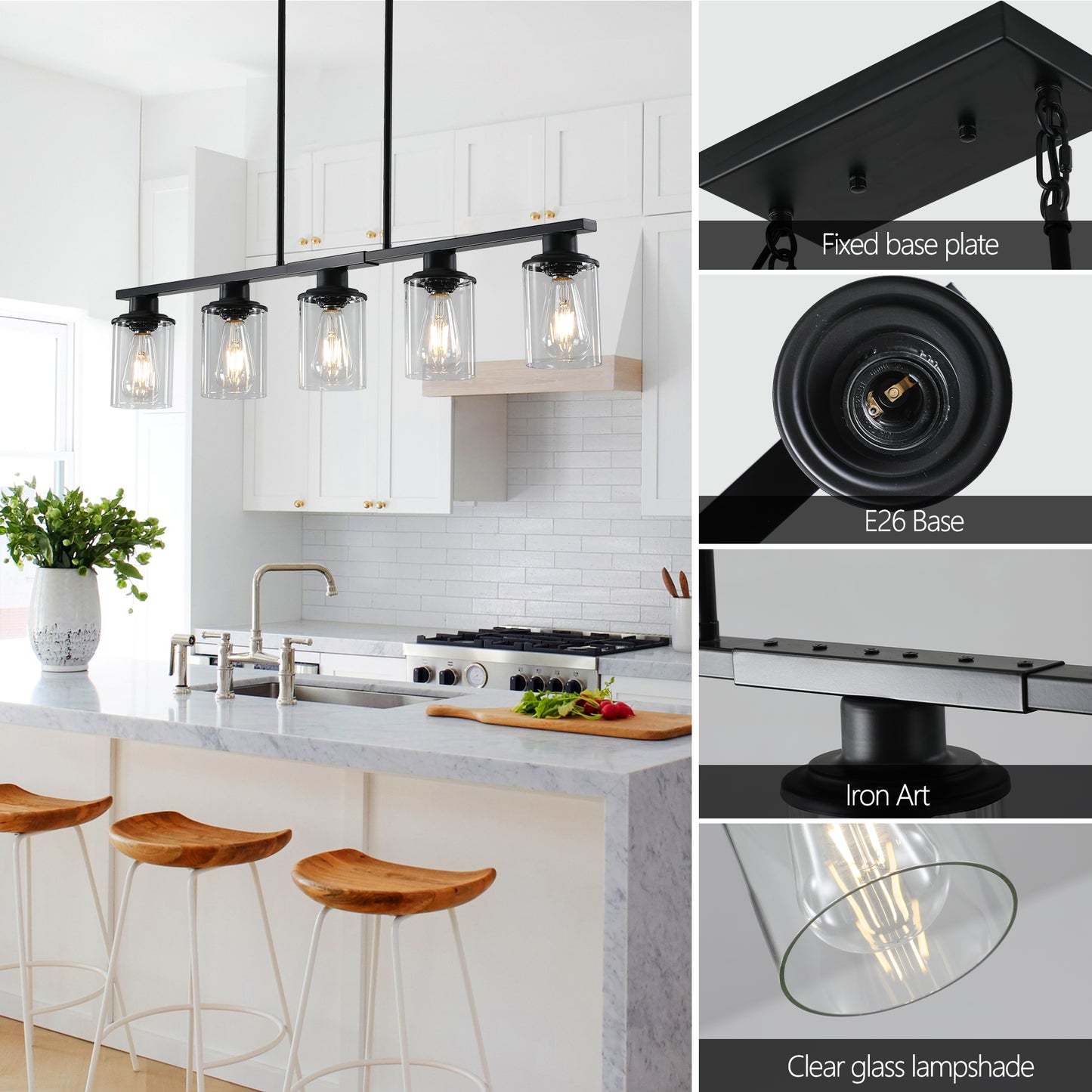 Modern Industrial 5-Light Chandelier - Matte Black & Glass Shades