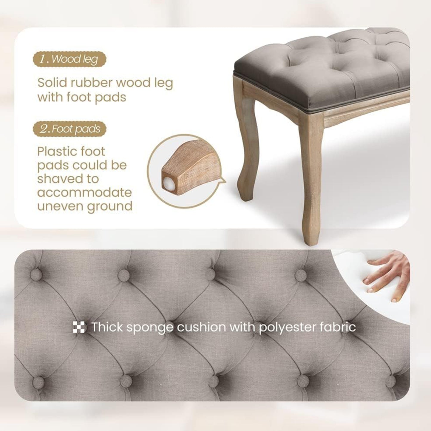 French Vintage Upholstered Bench - Grey Linen, 43.3"