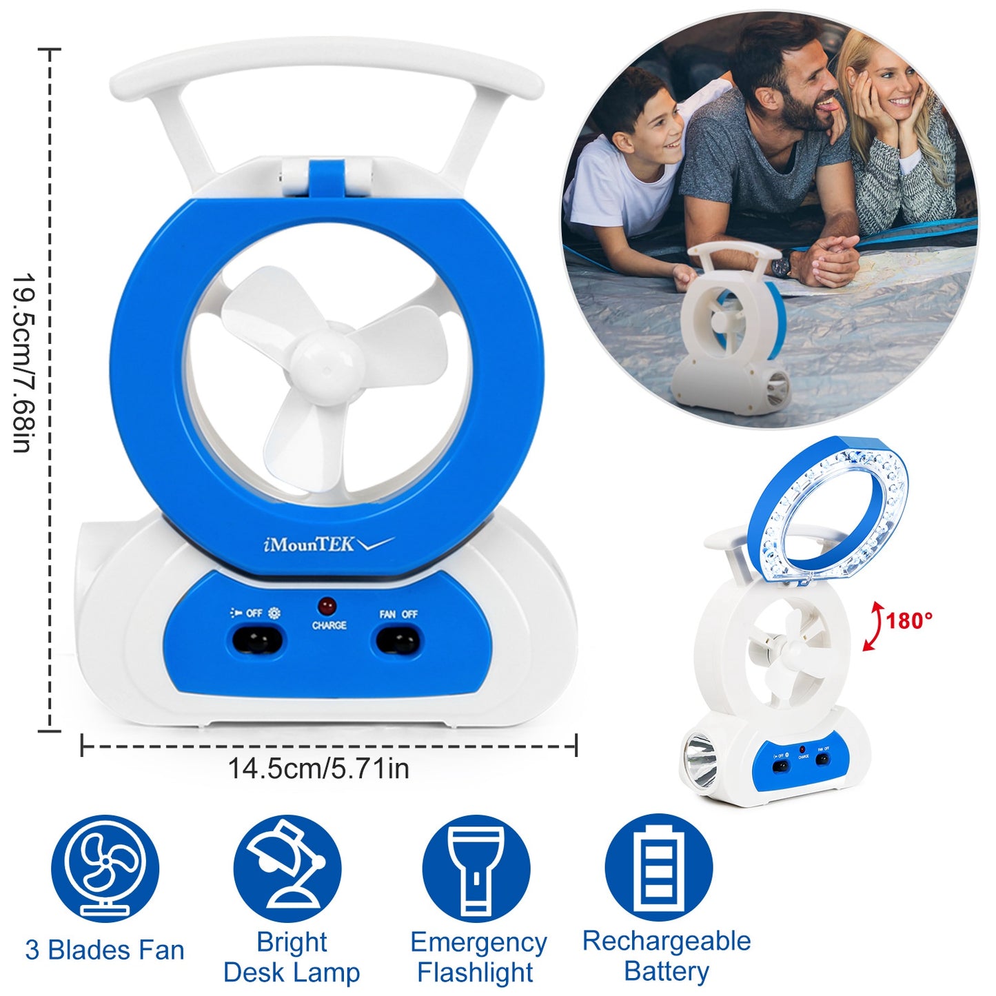 Multi-Functional Desk Fan with 180° Adjustable LED Lamp and Flashlight