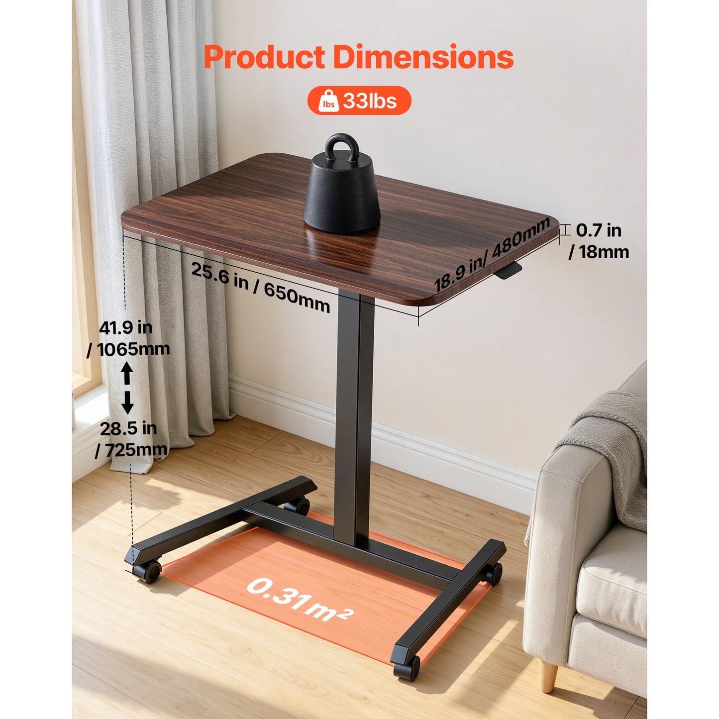 Adjustable Height Standing Desk with Casters - Small Mobile Sit-Stand Workstation, 25.6x19 In, Brown