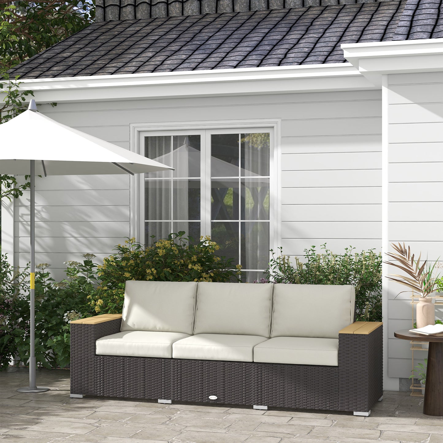 3-Seat Outdoor Wicker Sofa with Deep Seats & Cushions - Beige