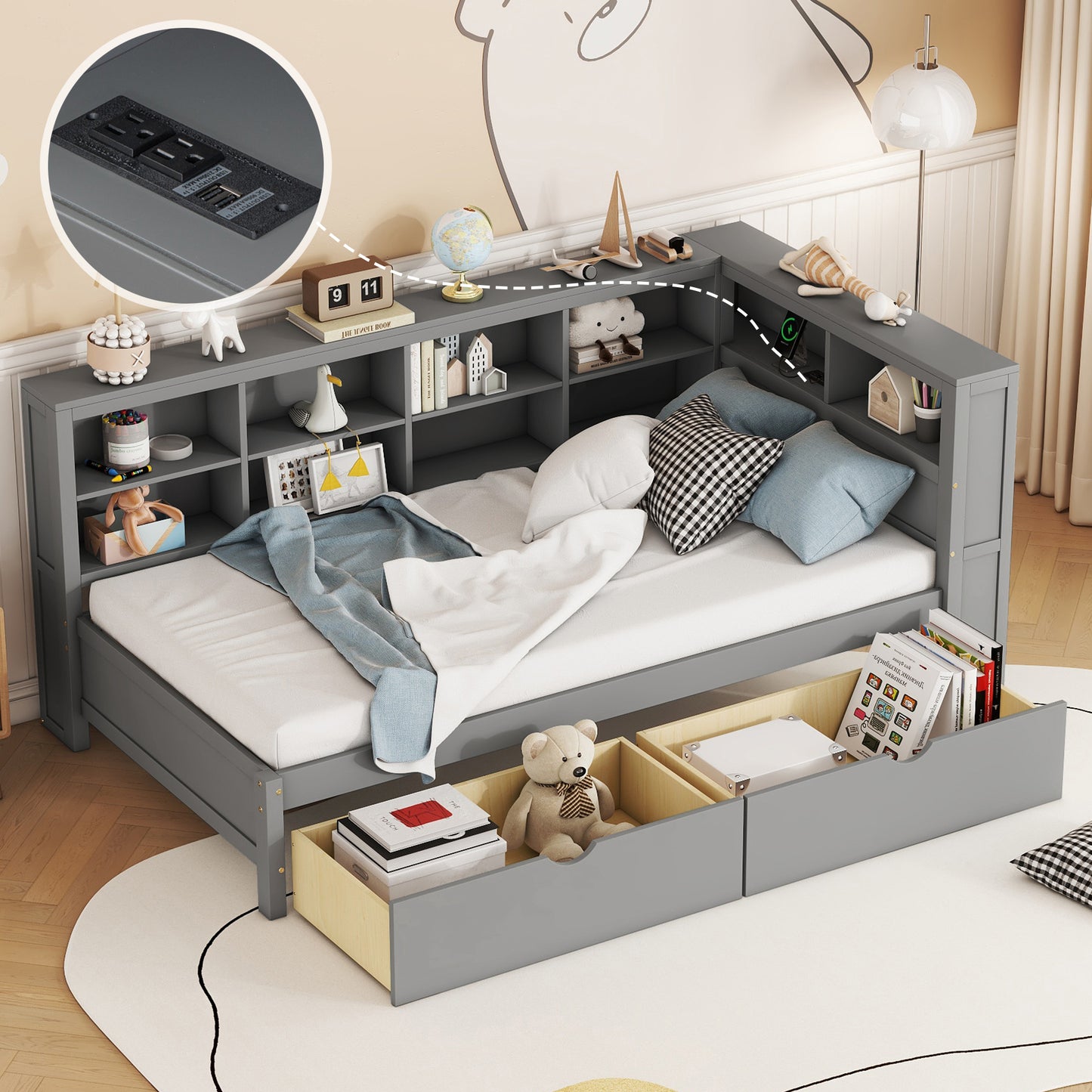 Wooden Twin Size Daybed with Storage & USB Charging Ports - Grey