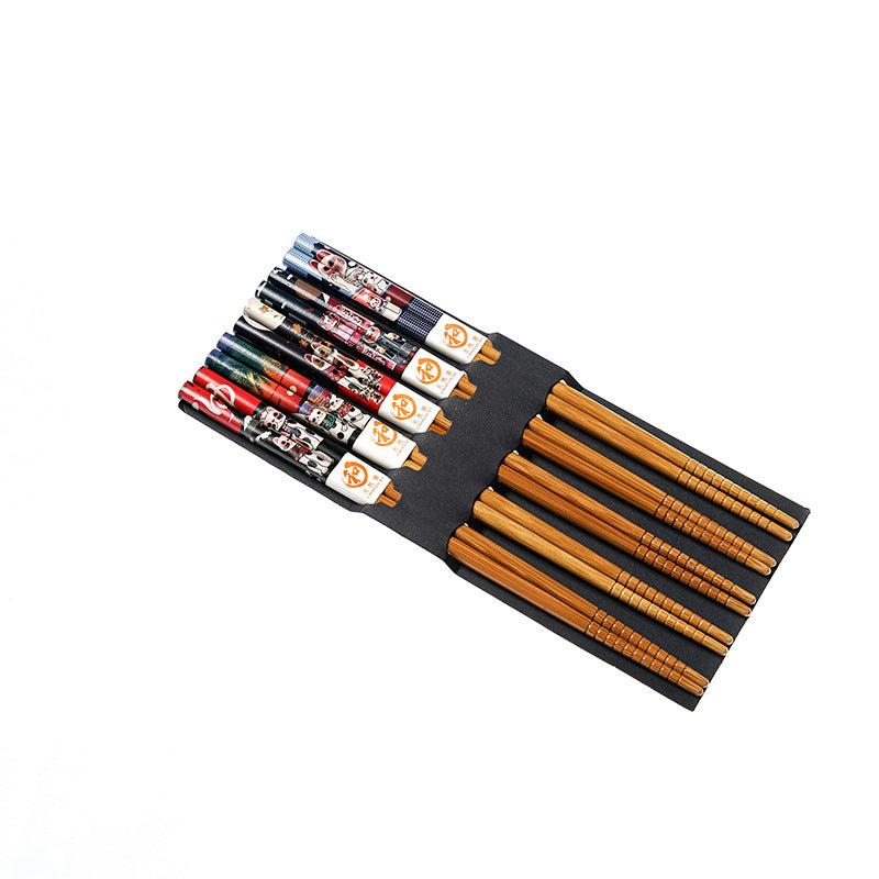 Lucky Cat Chopsticks Set - 5 Pairs Japanese Style Bamboo Dinnerware