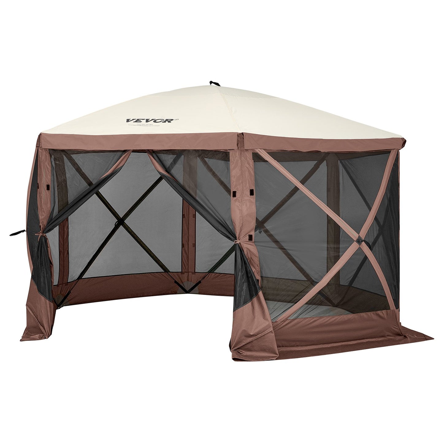 6-Sided Pop Up Gazebo Tent with Removable Privacy & Mesh Windows, 11.5x11.5FT, Brown