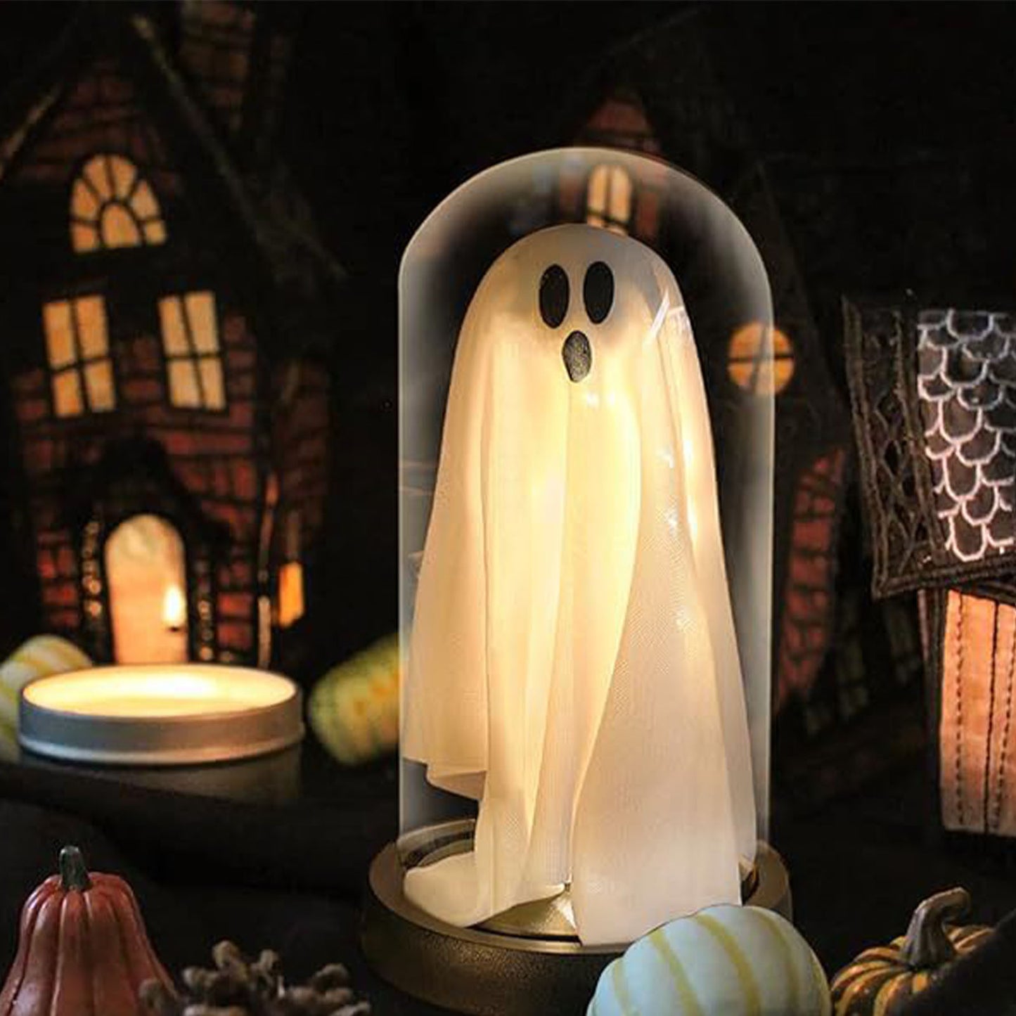 Light Up Ghost in Glass Cloche - Cute Tabletop Decoration
