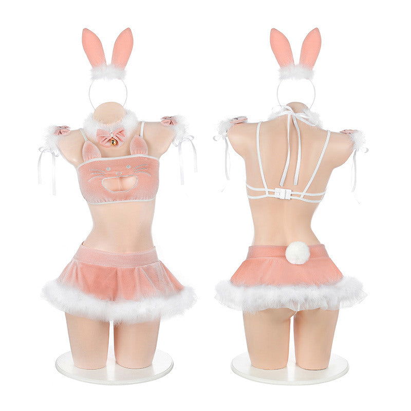 Women's Fluffy Cat Tail Bikini Set - Pink One Size Swimwear