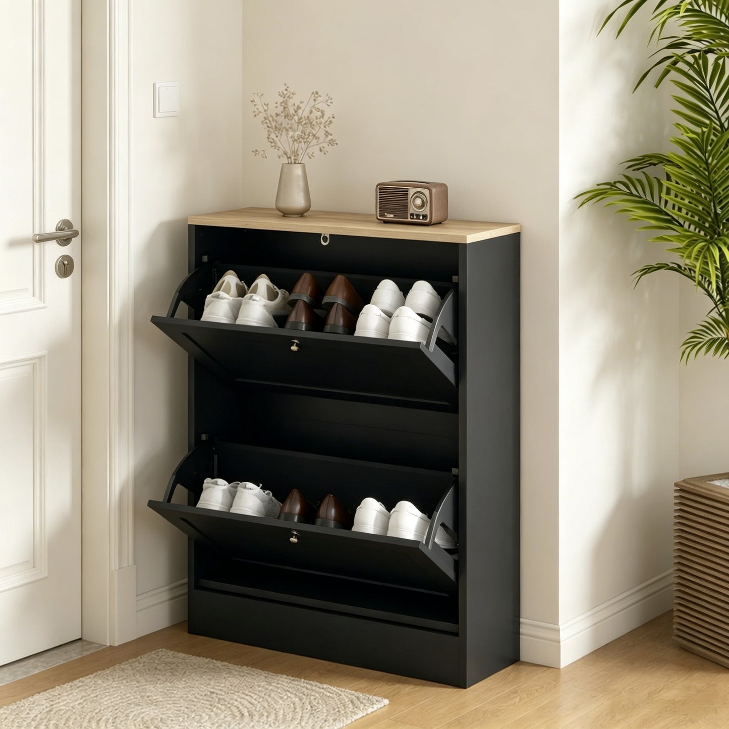 Narrow Shoe Cabinet with Adjustable Shelves - Black & Light Oak