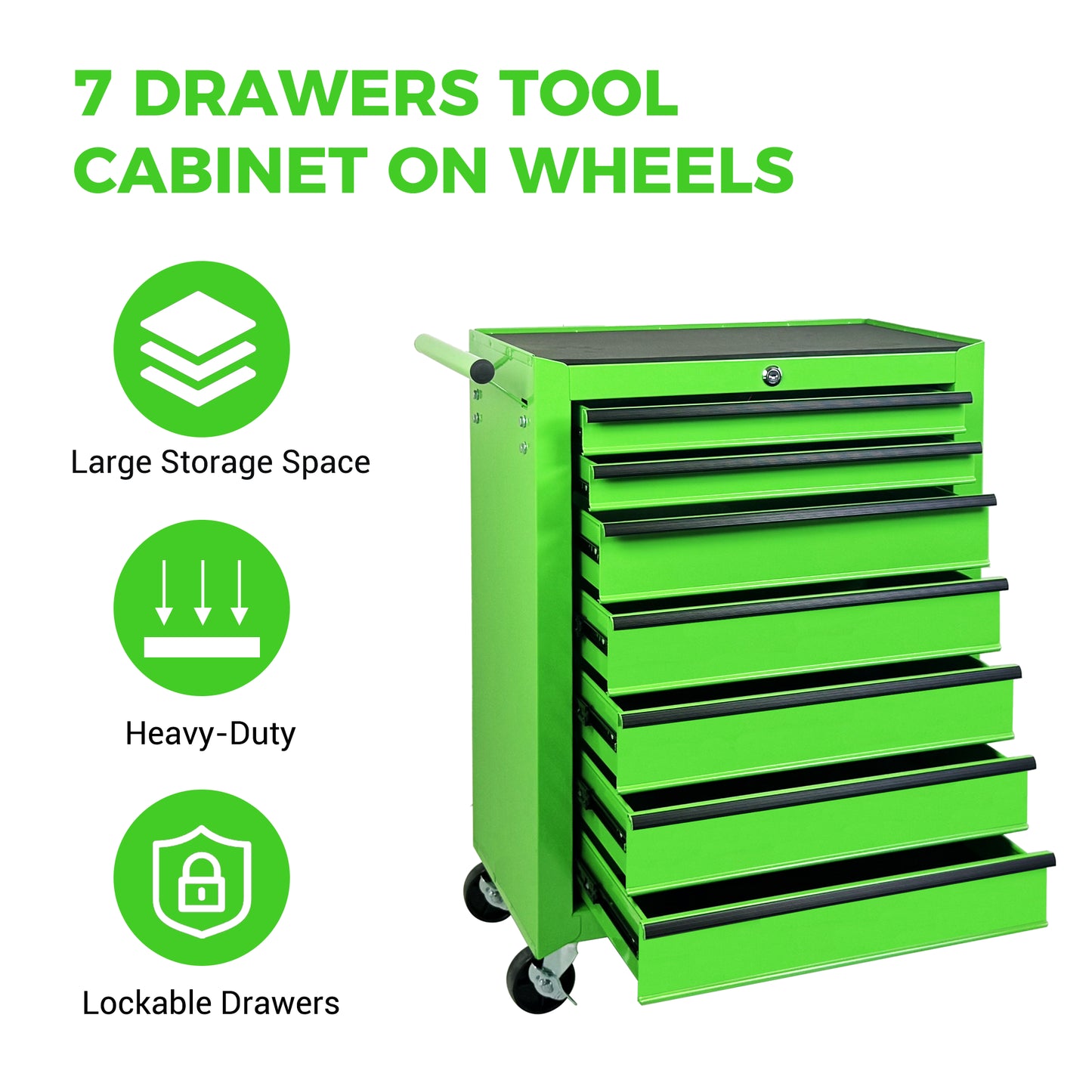 Green Metal Rolling Tool Chest with 7 Drawers - 20-Inch Storage Cabinet