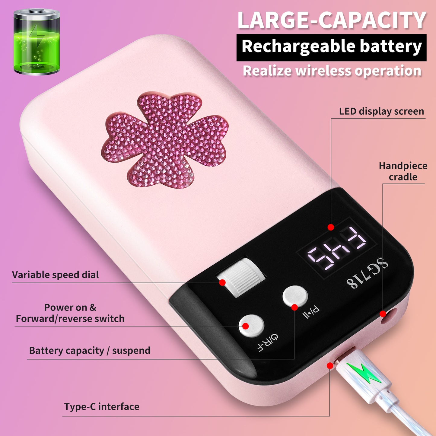 Professional Rechargeable Nail Drill 45000 RPM - Electric File for Gel Nails
