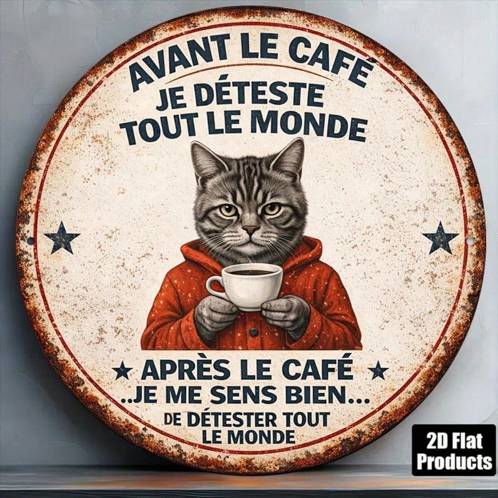 Vintage French Lover Cat Round Metal Wall Sign - 8x8in