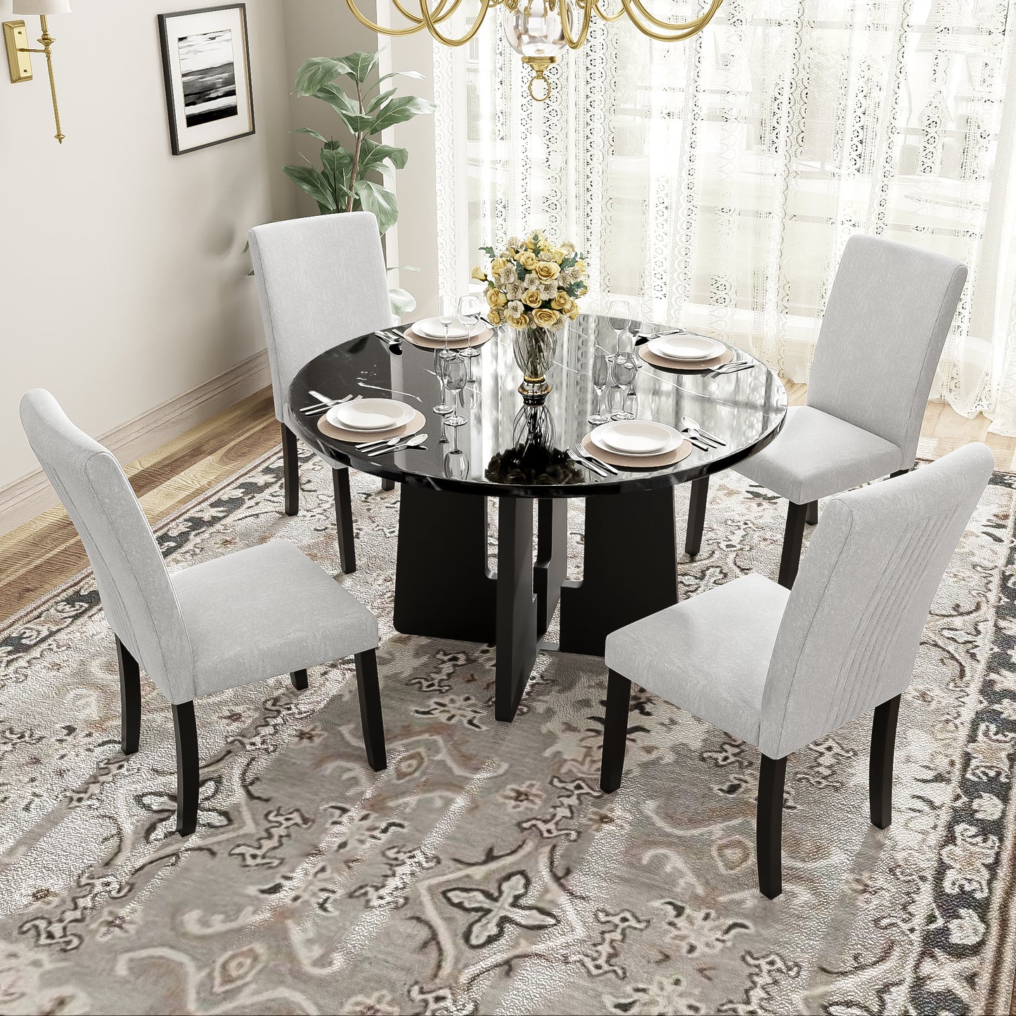 5-Piece Round Dining Table Set with 4 Upholstered Chairs - Beige & Black