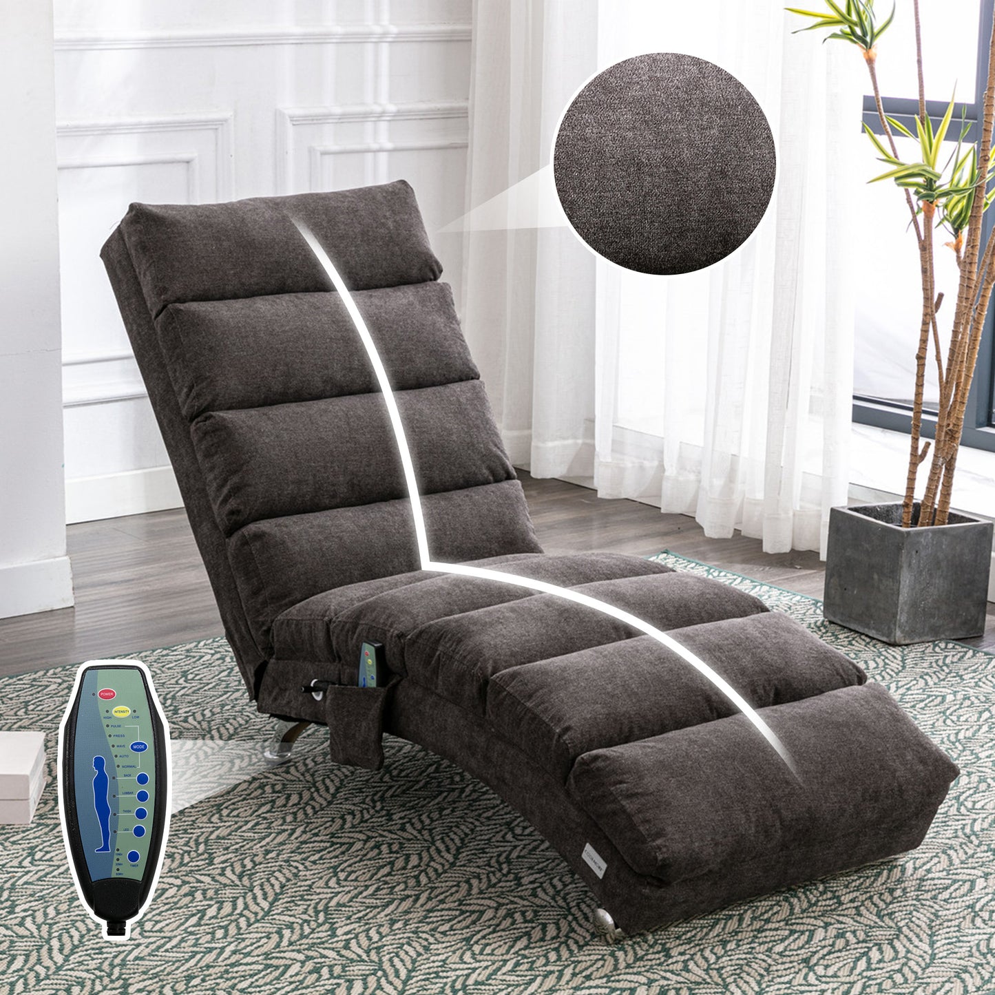 Luxury Upholstered Chaise Lounge Chair with Vibration - Dark Gray