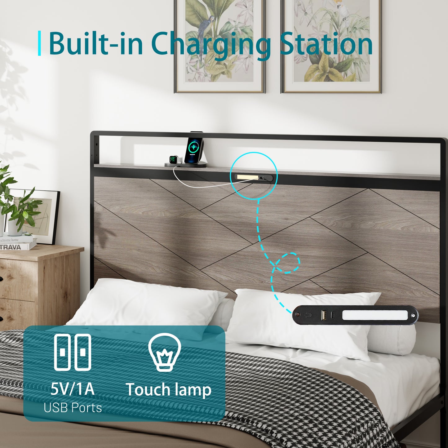 Full Metal Bed Frame with LED Headboard & USB Charging - Antique Gray