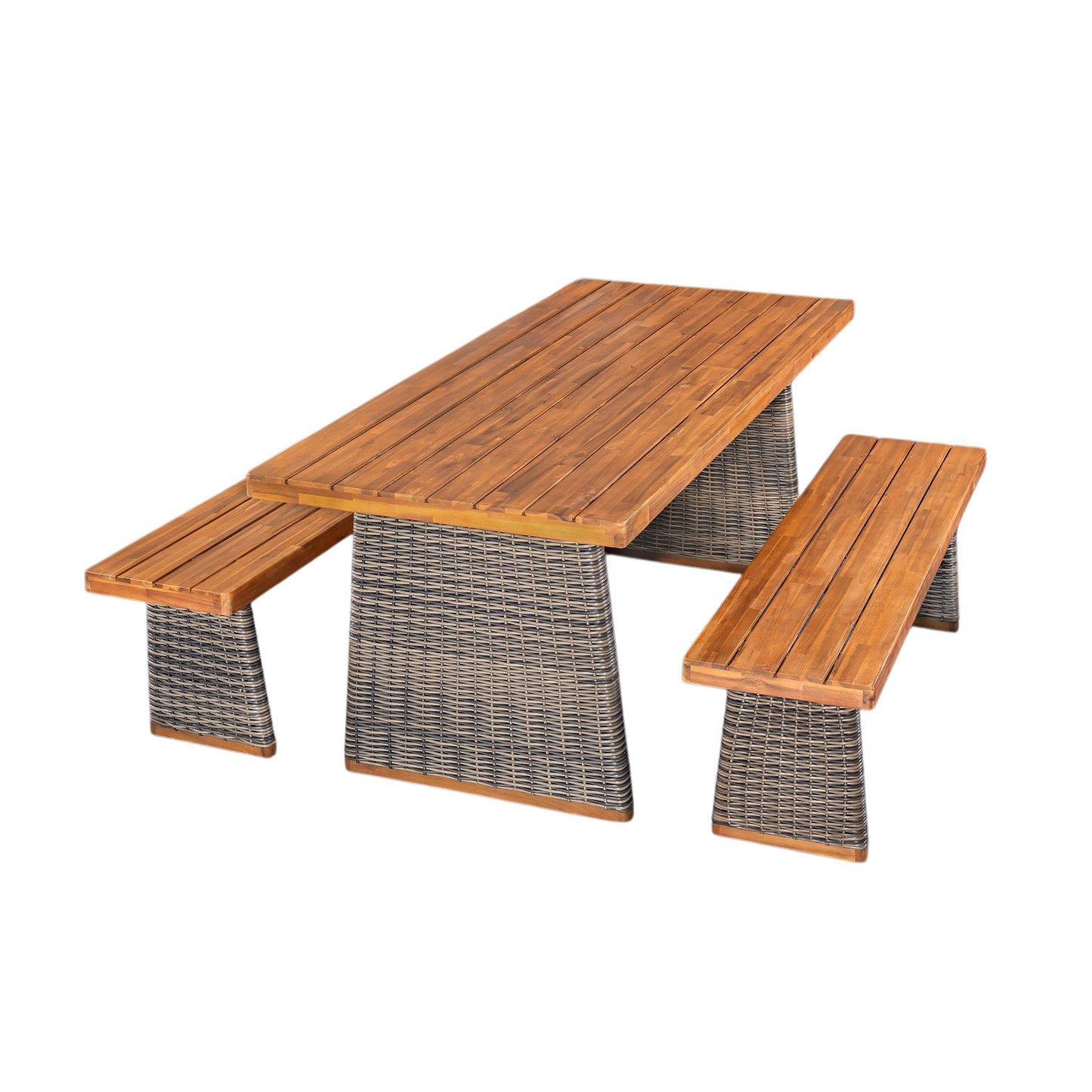 Outdoor 3 Piece Acacia Wood Dining Set with Rattan Legs - Grey
