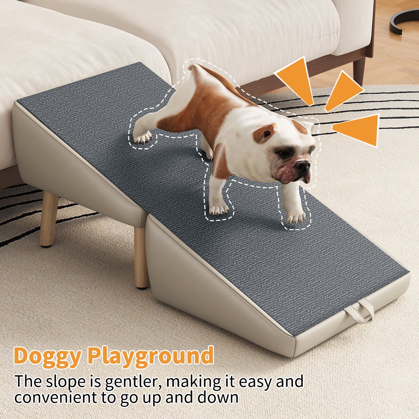 Foldable Wooden Dog Steps for Small Dogs and Cats - Non-Slip Ramp for Couch and Bed, Light Grey