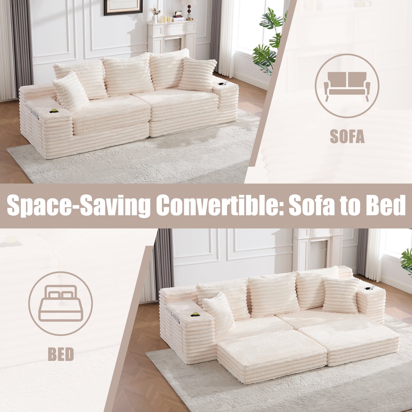 Oversized Corduroy Sofa Bed with Cup Holder & Pillows - Beige