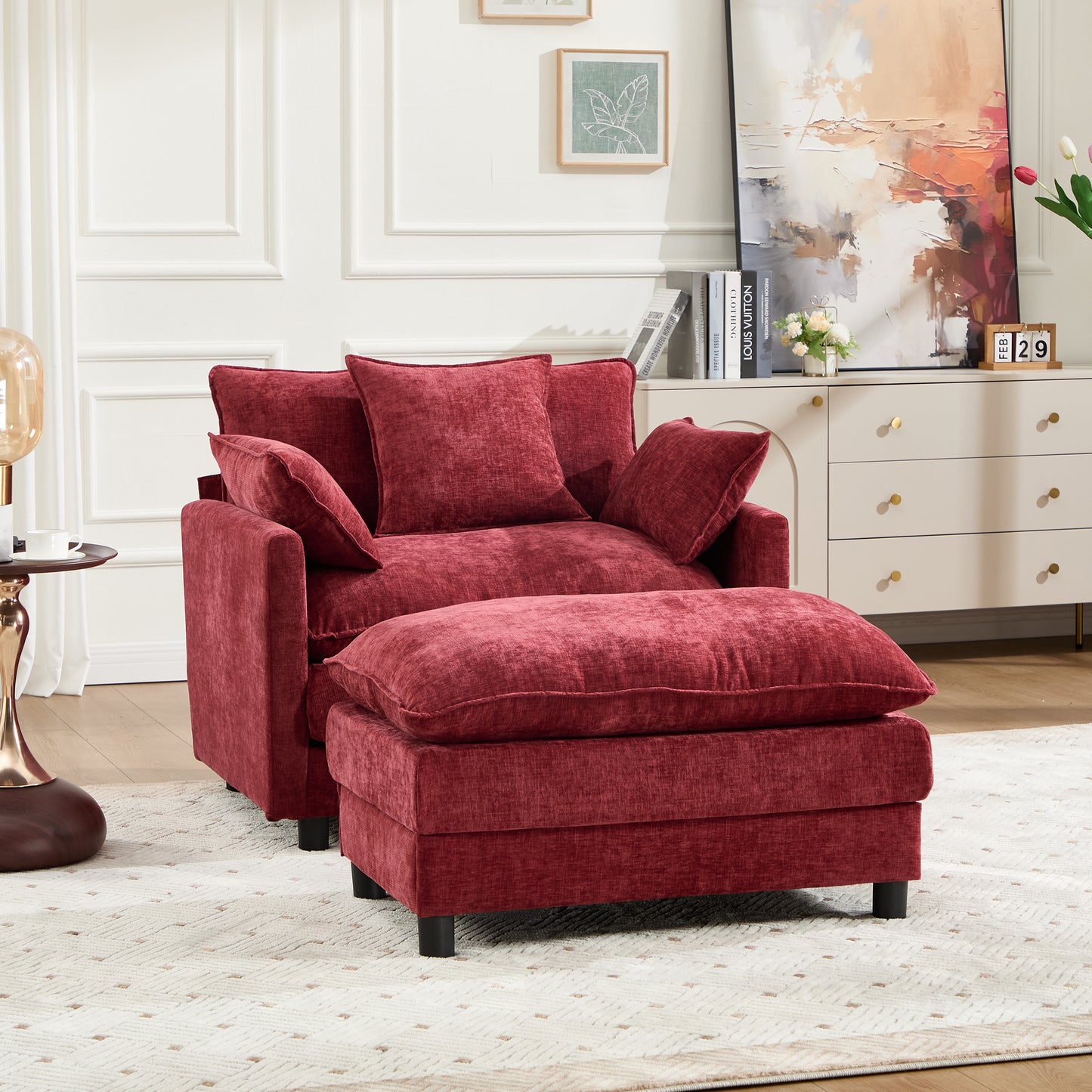 Modern Accent Chair with Ottoman - Wine Red Chenille Upholstery