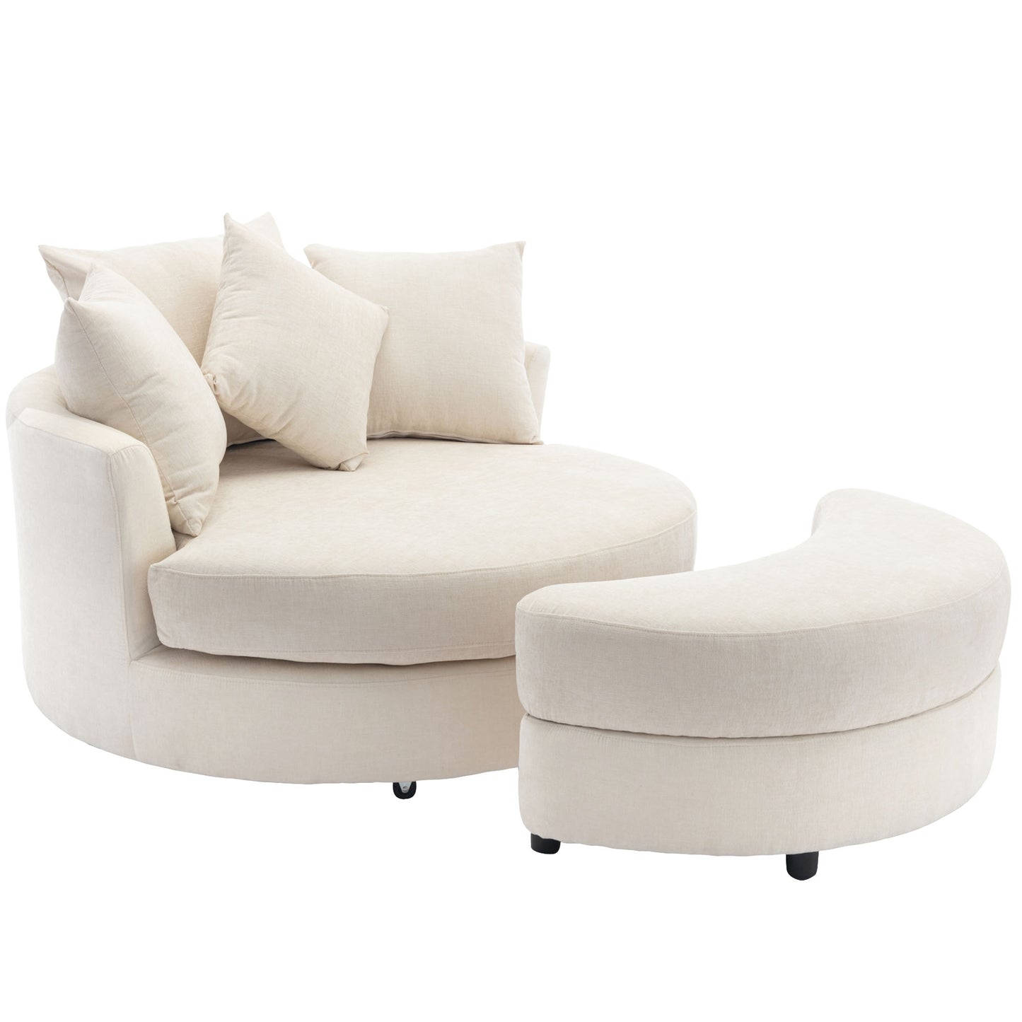 360° Swivel Accent Barrel Chair with Storage Ottoman & 4 Pillows - Cream
