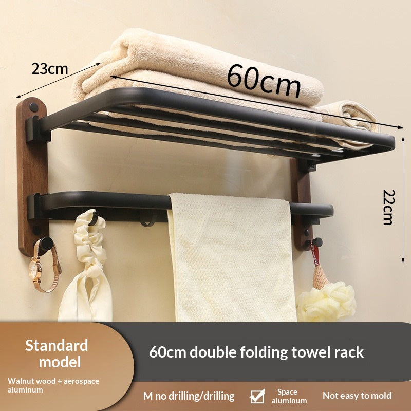 Double-Fold Walnut Towel Rack - Space Saving Bathroom Organizer
