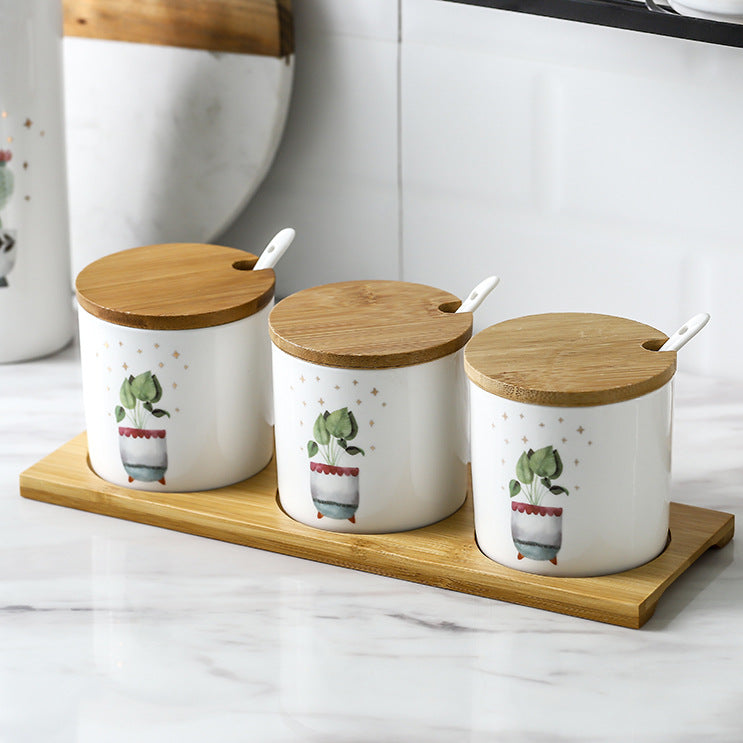 Three-Piece Ceramic Seasoning Jar Set with Lid - Kitchen & Dining