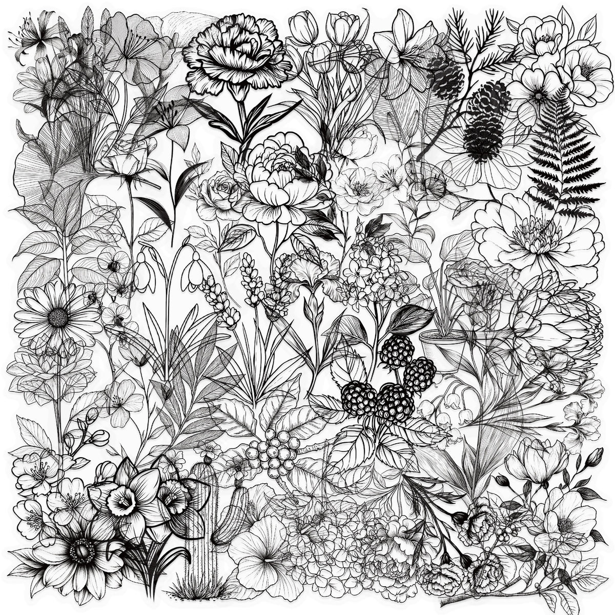 50 Black and White Plant PET Graffiti Stickers - Decorative Garden Decor